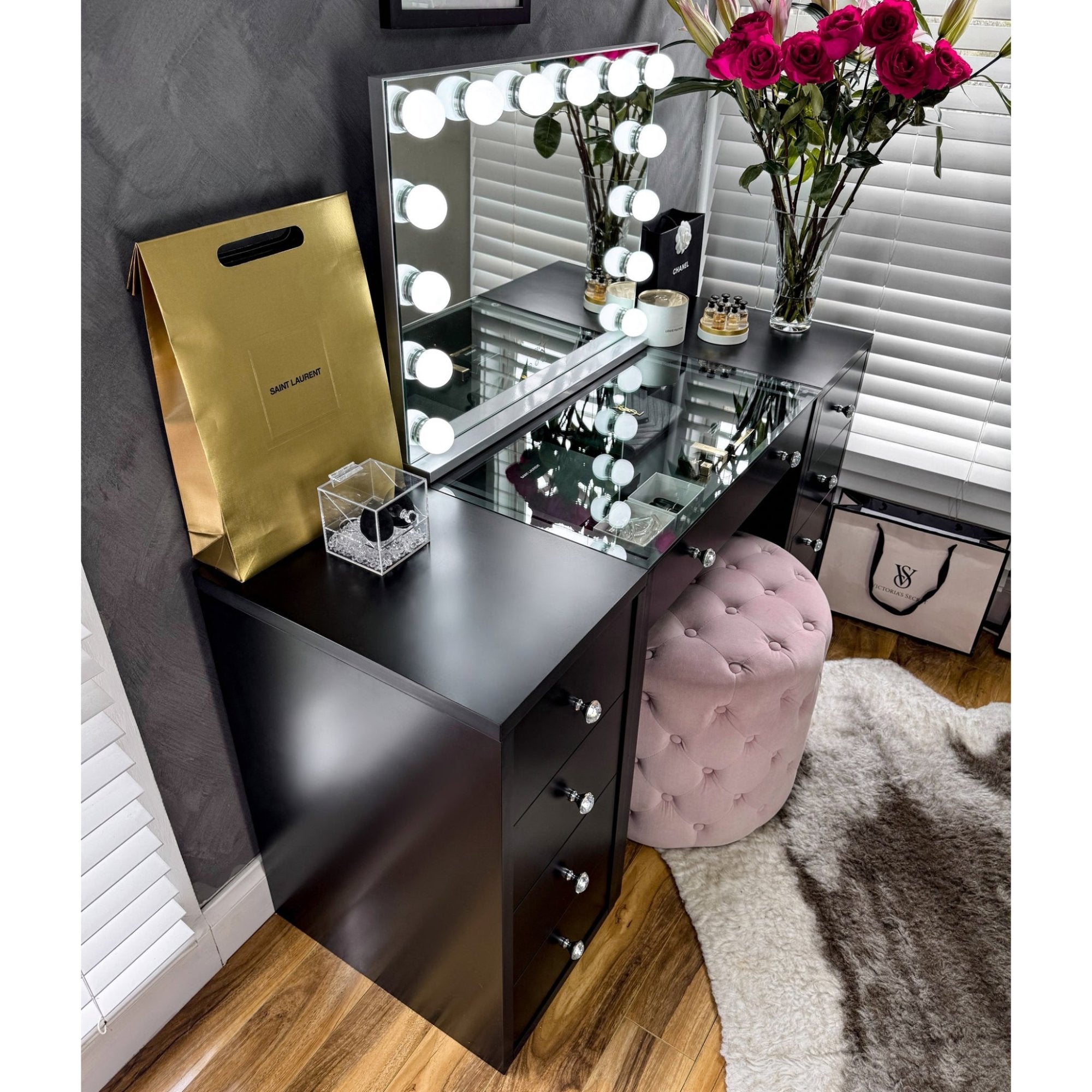 (Set) Hollywood Mirror, Table & 2 x Draw Set “Diva” Black