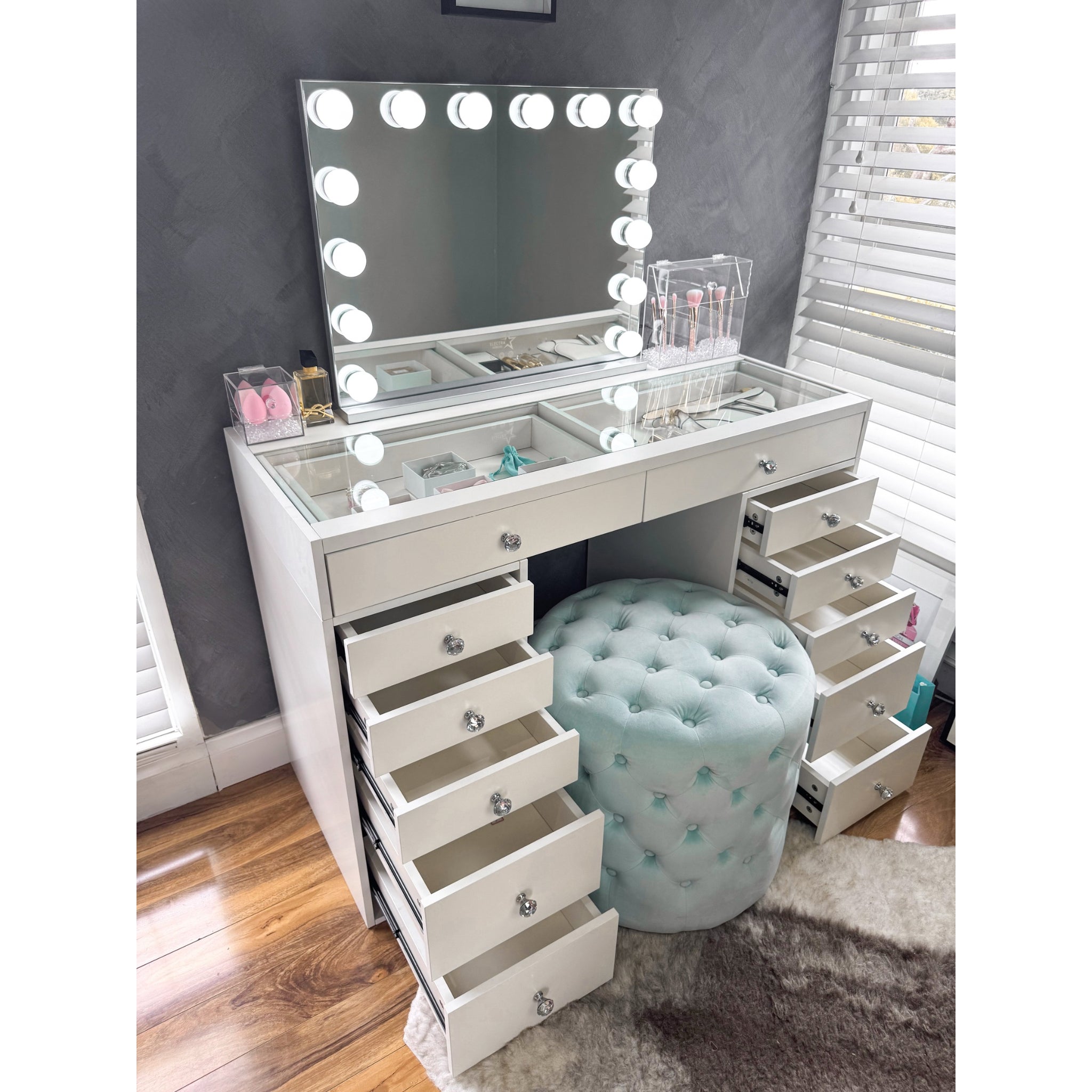 (Set) Hollywood mirror, Table & 2x drawer set "Snow”