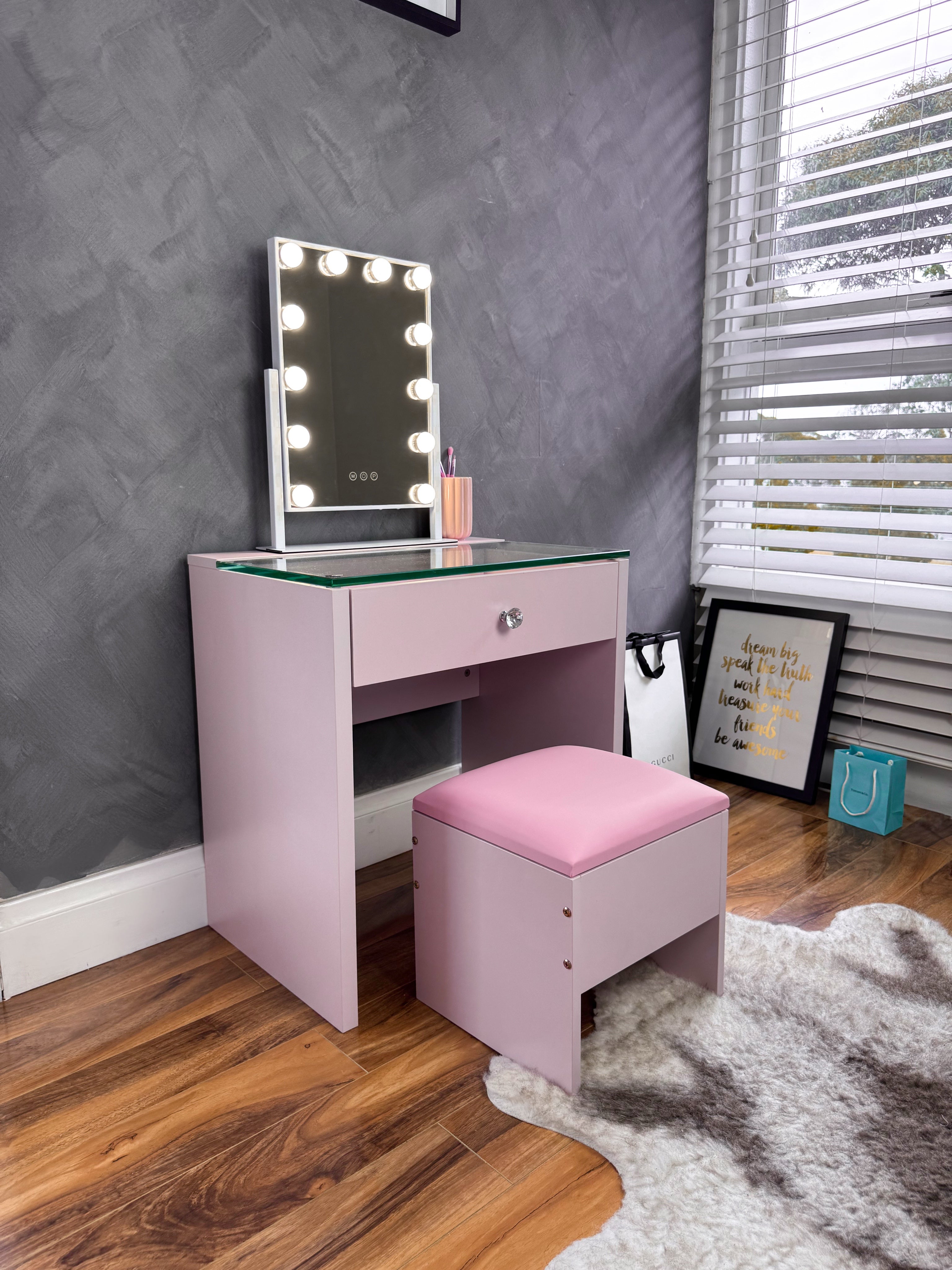 (SET) Pink Mini Vanity table, Mirror & Chair "Bling Station"