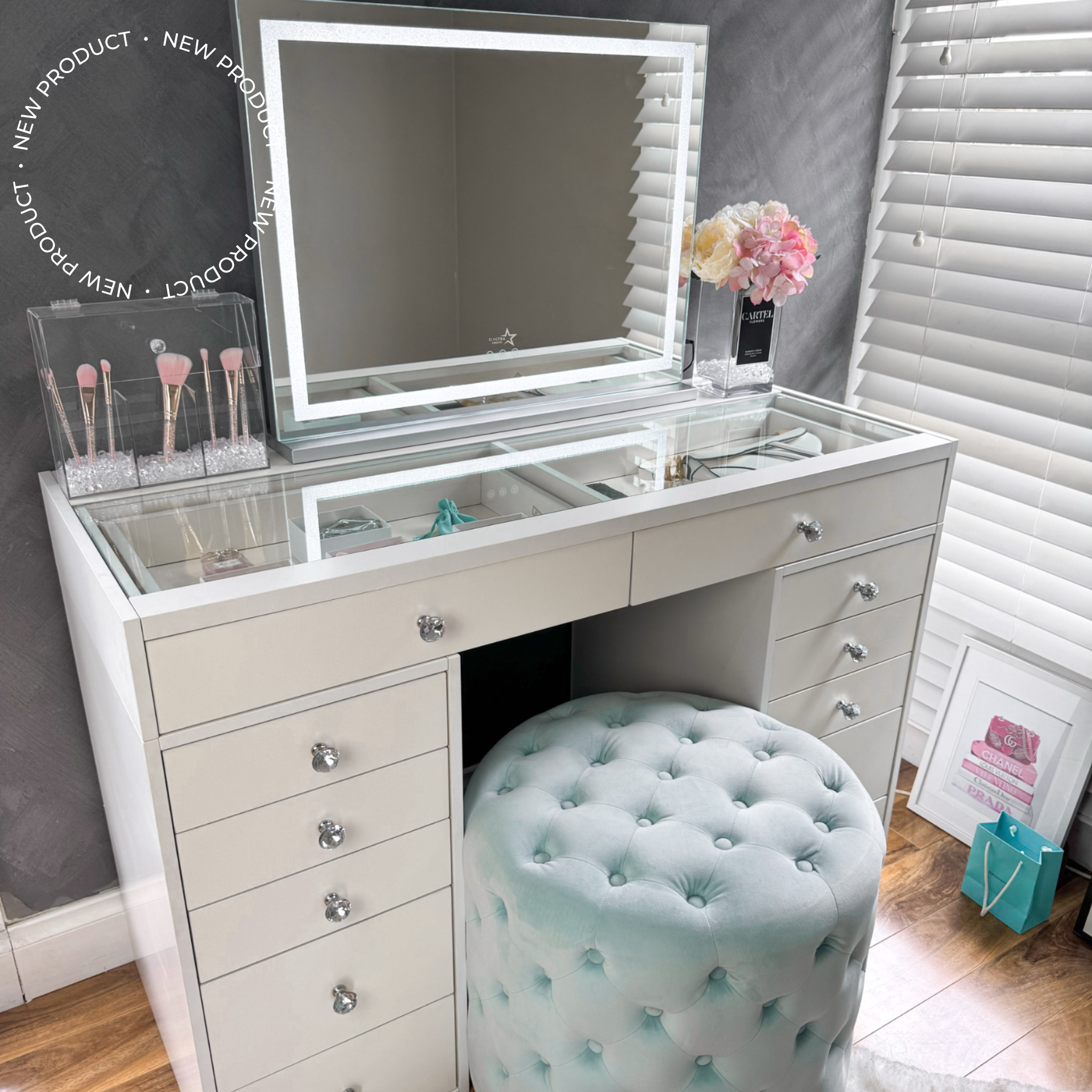 (Set) Hollywood mirror, Table & 2x drawer set "Allure"