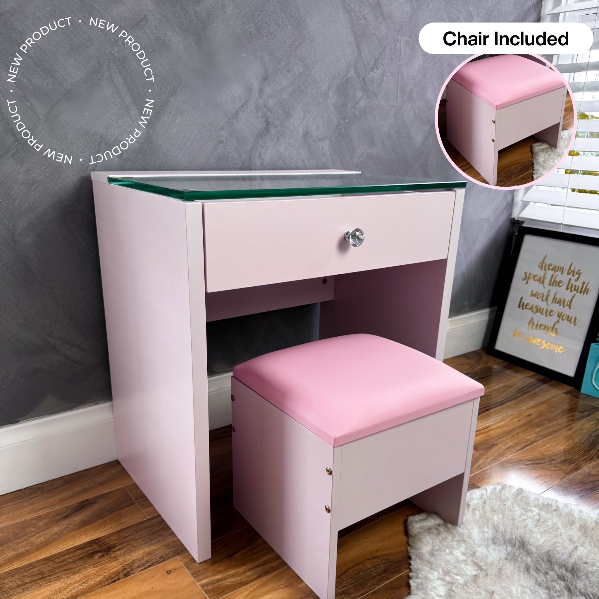 (SET) Pink Mini Vanity table & Chair "Bling Station"