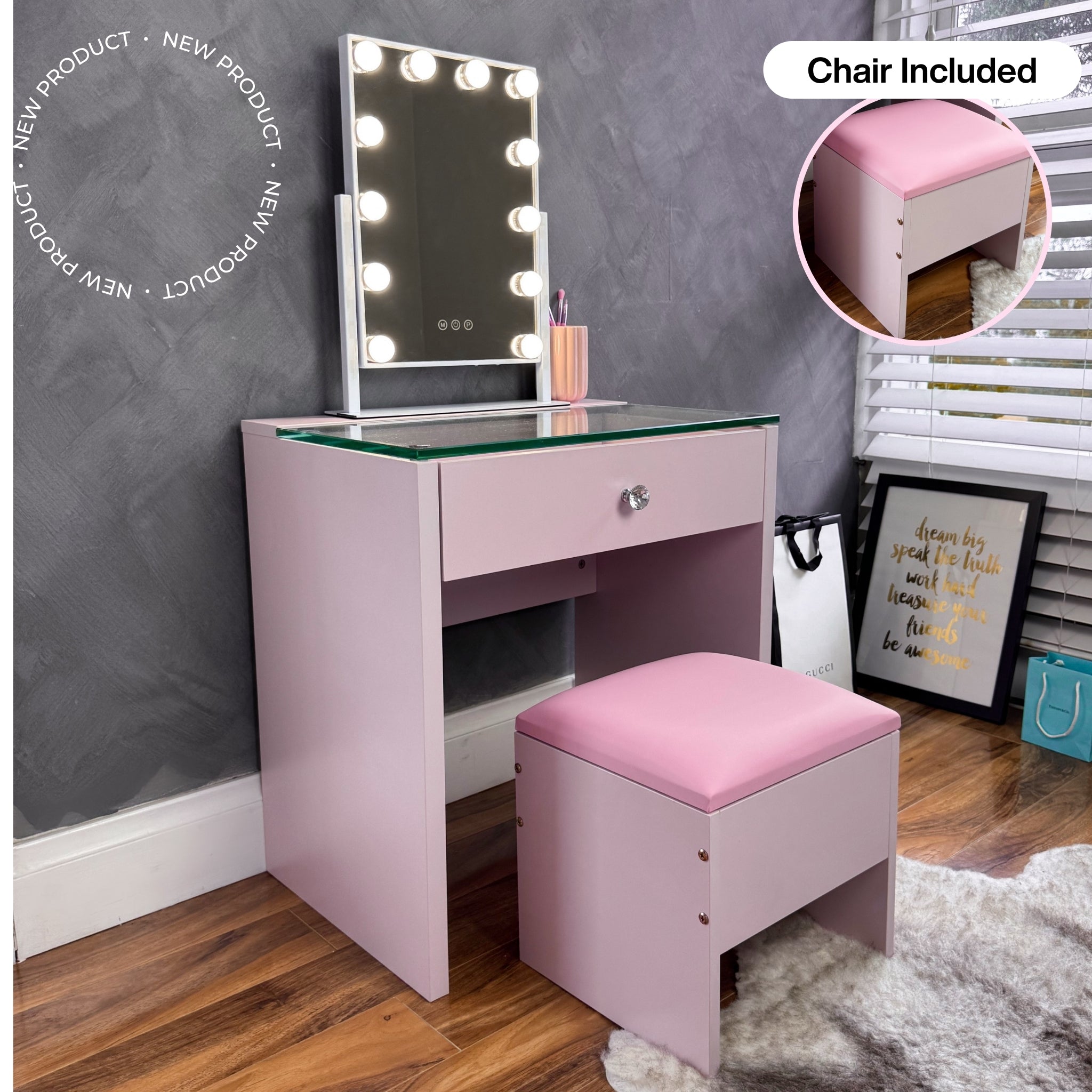 (SET) Pink Mini Vanity table, Mirror & Chair "Bling Station"