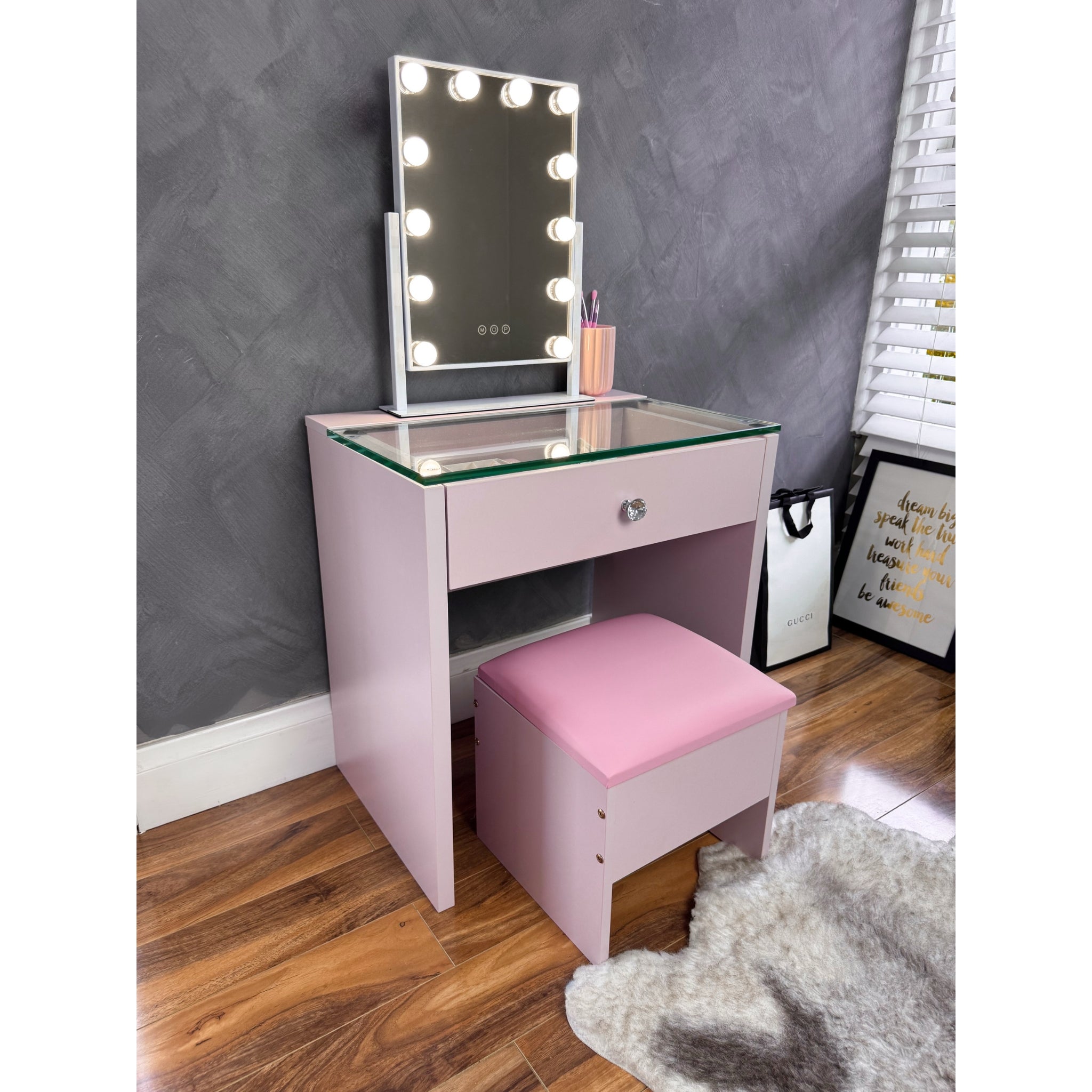 (SET) Pink Mini Vanity table, Mirror & Chair "Bling Station"