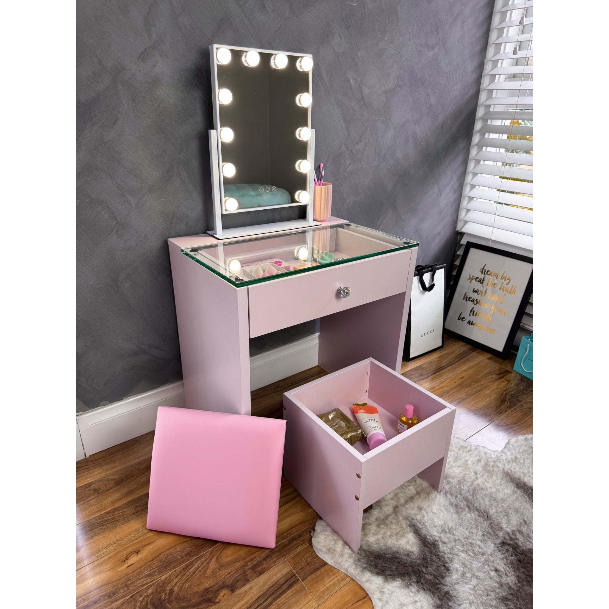 (SET) Pink Mini Vanity table, Mirror & Chair "Bling Station"