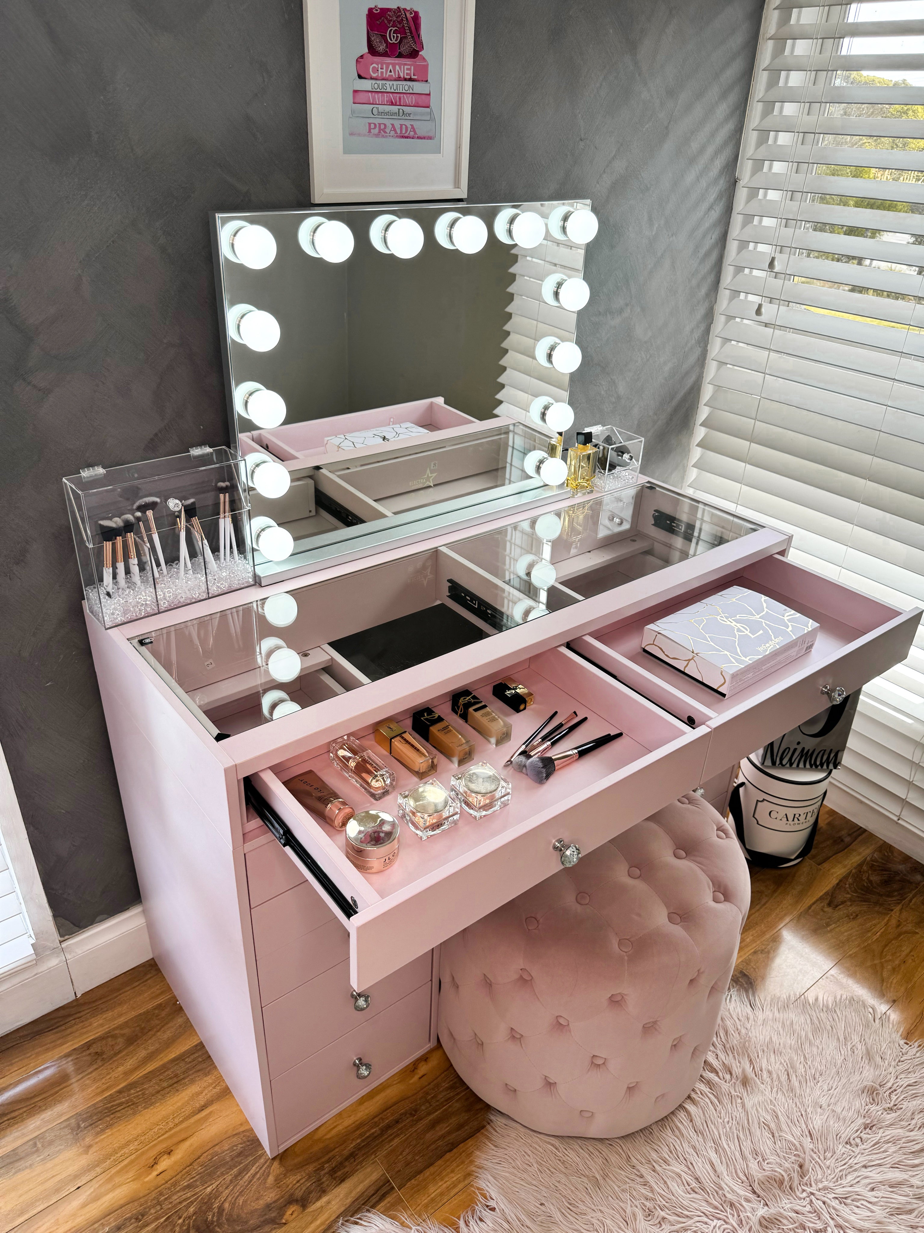 (Set) Hollywood mirror, Table & 2x drawer set "Pink Dream"