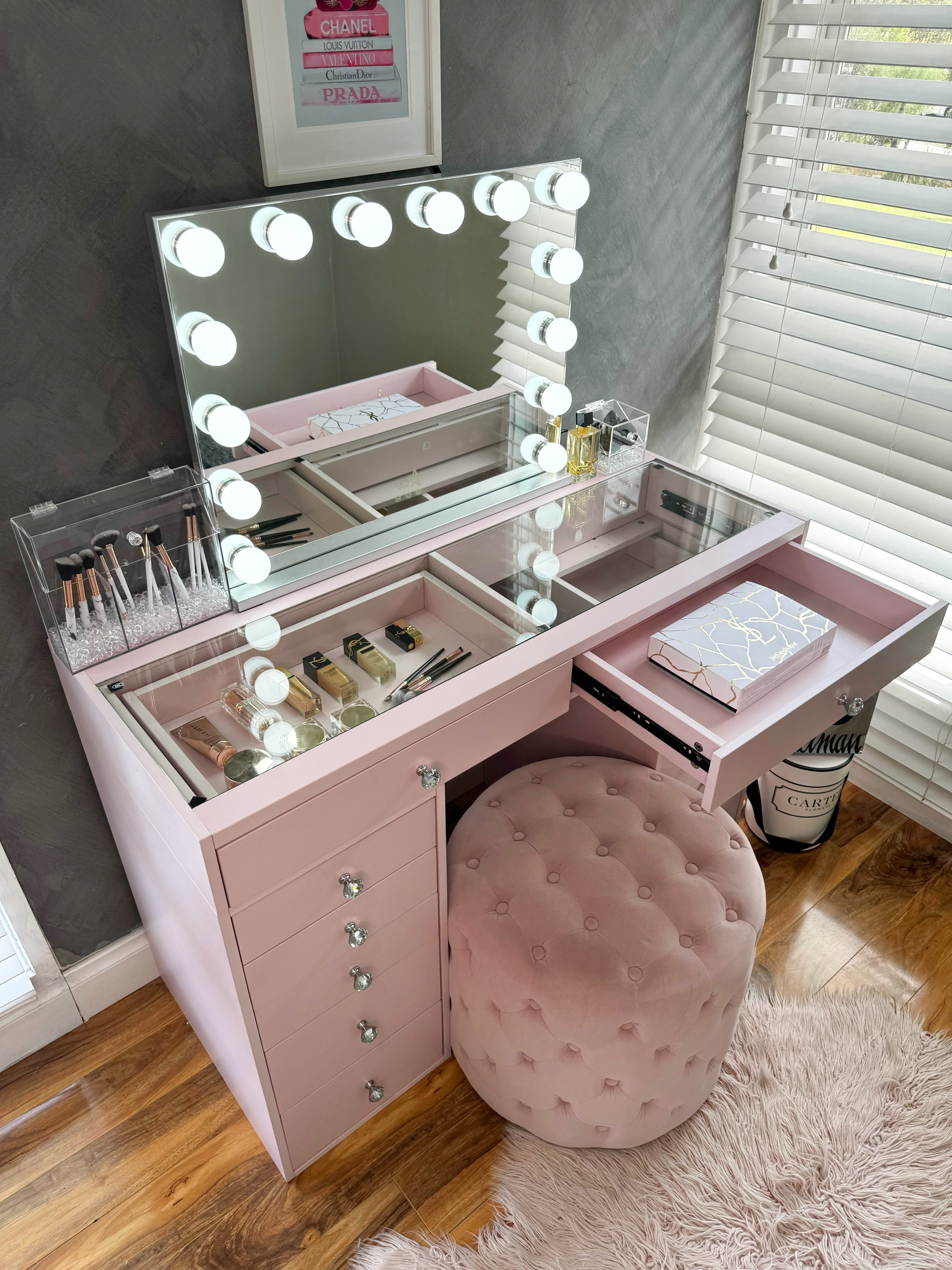 (Set) Hollywood mirror, Table & 2x drawer set "Pink Dream"